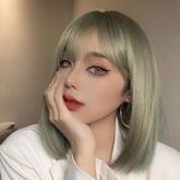 12 Inch Short Natural Light Green Bob Wig With Bangs